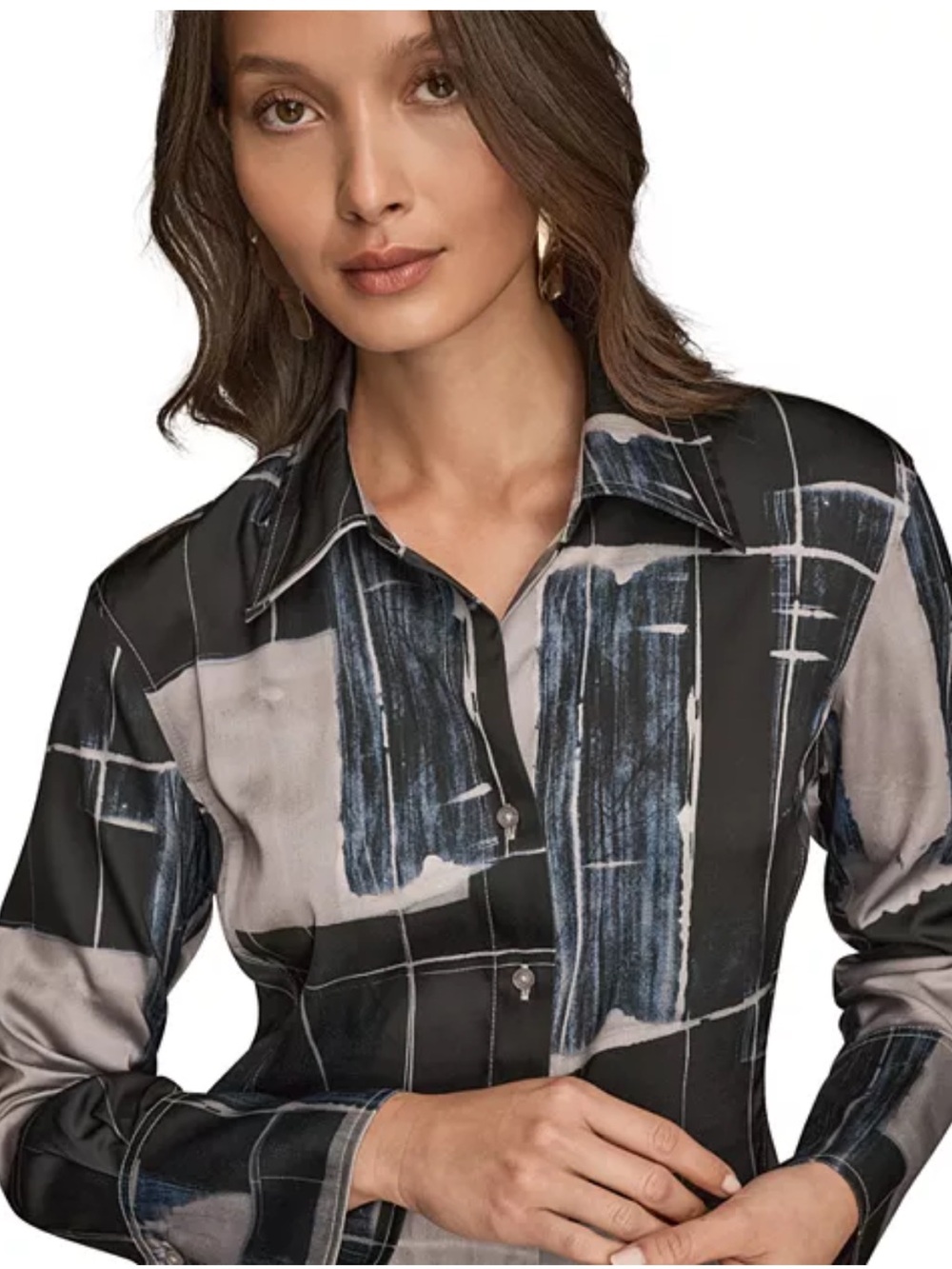 Donna Karan NWT Black Gray Blue Abstract Button Down Long Sleeve Top Women’s PXL